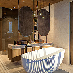 Badezimmer der neuen Sky Suite Modernes Badezimmer einer Sky Suite mit freistehender Badewanne, Doppelwaschtisch, Holzdetails und warmem Licht.