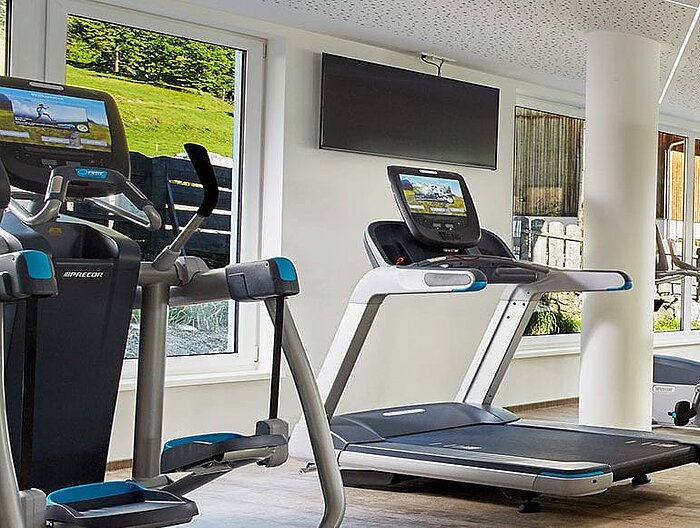 Moderner Fitnessraum mit Geräten und Hanteln im Tageslicht