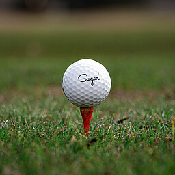 Golfball auf rotem Tee auf einer Golfwiese