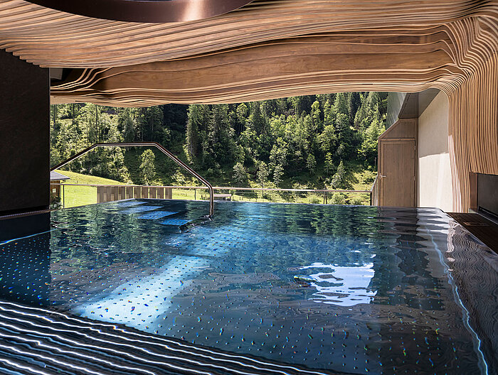Infinitypool der Suite 445 mit außergewöhnlicher Holzarchitektur und Naturblick