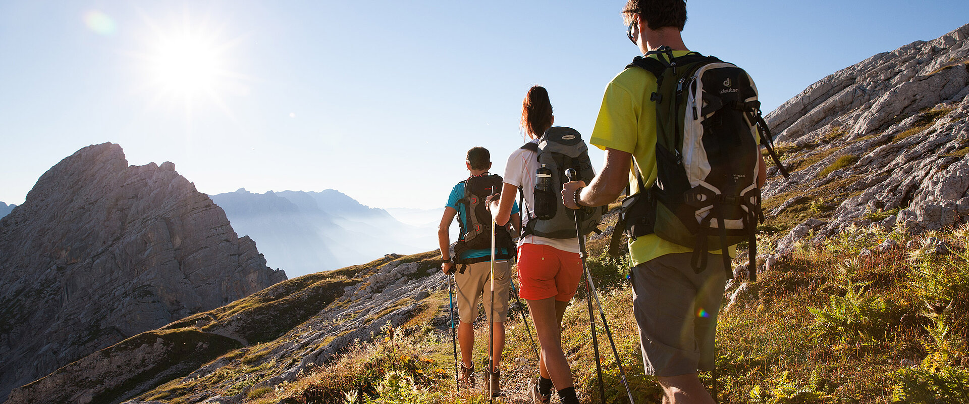 Wandergruppe mit Trekkingstöcken auf Bergpfad bei Sonnenschein