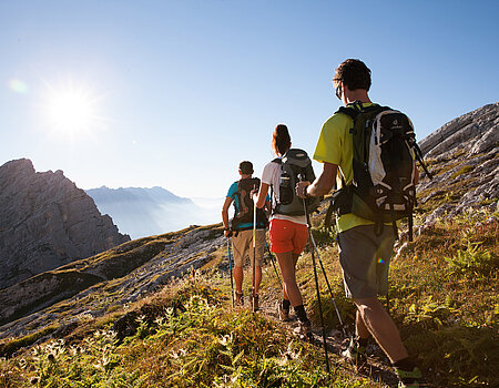 Wandergruppe mit Trekkingstöcken auf Bergpfad bei Sonnenschein