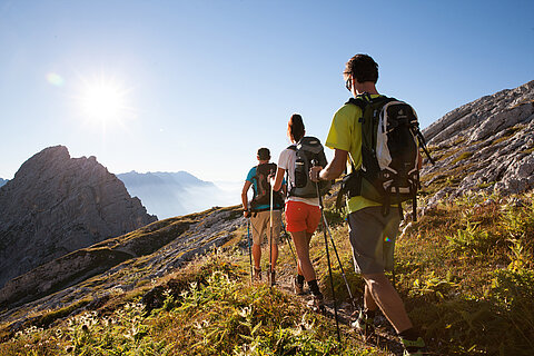 Wandergruppe mit Trekkingstöcken auf Bergpfad bei Sonnenschein